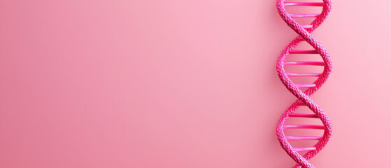 A vivid representation of a DNA double helix in pink against a soft pink background, symbolizing genetics and biology.