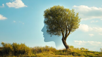 Fototapeta premium Silhouette of person merged with tree against sky, representing nature and human connection