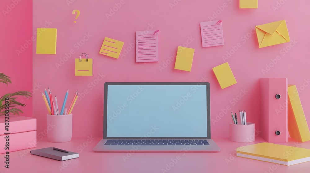 Poster A 3D laptop on a minimalist desk with 2D project icons like task lists and progress bars floating around, representing task management, 4k resolution, ultra-realistic, uncluttered background