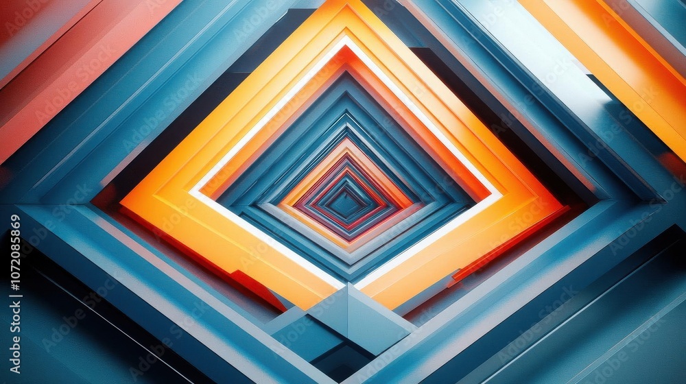 Poster a vibrant, abstract image showcasing colorful, layered geometric shapes converging towards a central