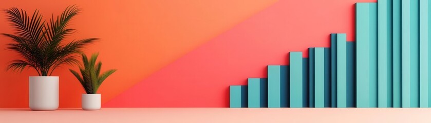A modern workspace featuring vibrant orange walls and green bar graphs alongside stylish potted plants, symbolizing growth and creativity.