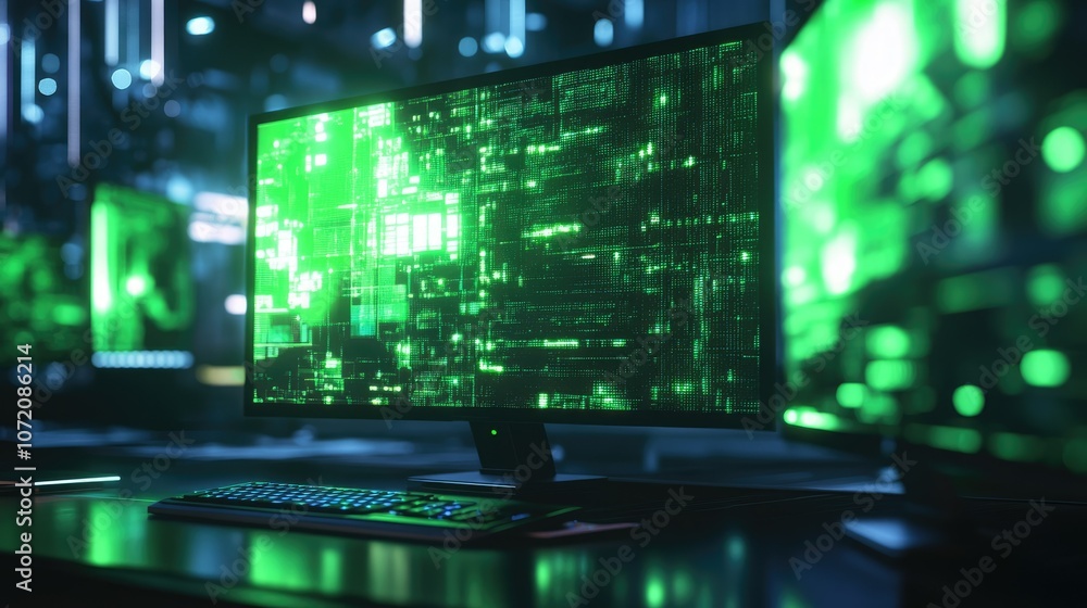 Aufkleber futuristic computer screen with green data visuals