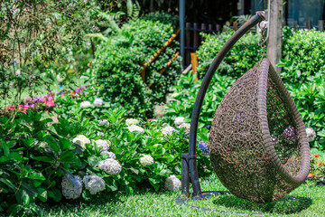 Flower garden landscape background, garden decoration in cafes and restaurants, for beauty and a photo corner for customers to relax and unwind their eyes.