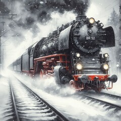 Blizzard Arrival of Vintage Locomotive