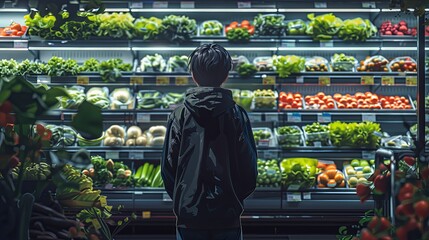 Fototapeta premium A person stands in the produce section of a grocery store, selecting fresh vegetables for dinner. The cart is filled with ingredients, and the mood is relaxed as they carefully plan their next meal