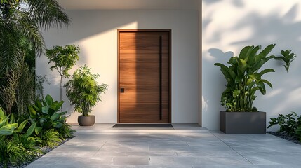 Obraz premium A modern minimalist house entrance with a wooden front door, white exterior, potted tropical plants, natural stone pavers, and soft evening lighting for a peaceful look.