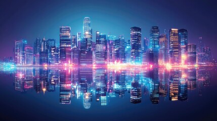 Vibrant City Skyline at Night with Reflection