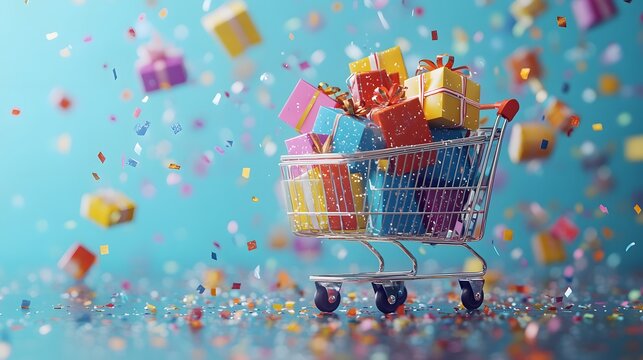 A vibrant shopping cart filled with colorful gift boxes and floating confetti against a light blue background, creating a festive and cheerful holiday atmosphere.