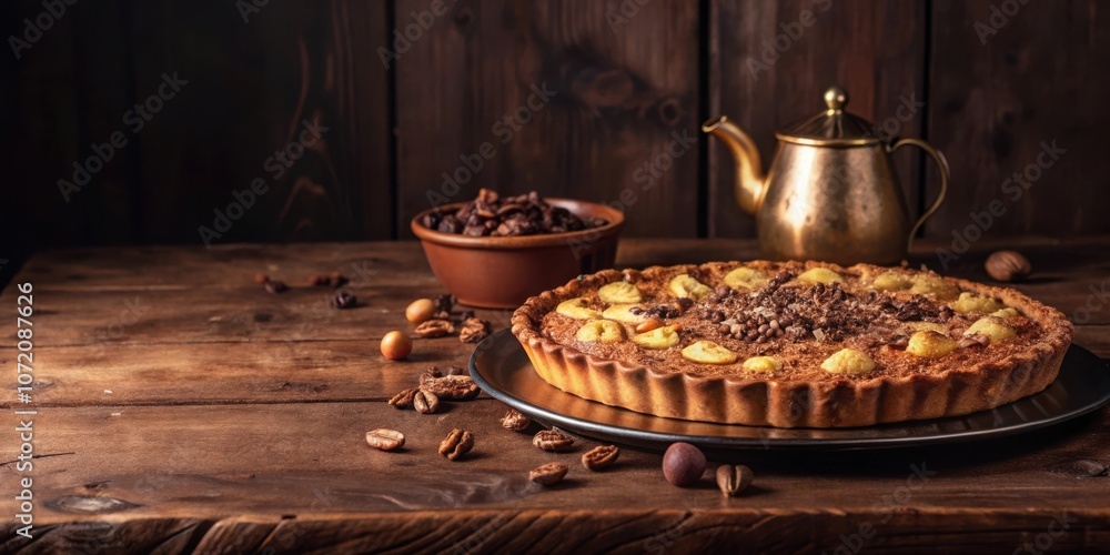 Poster a freshly baked pie with a golden crust, adorned with a symphony of textures and flavors, sits invit