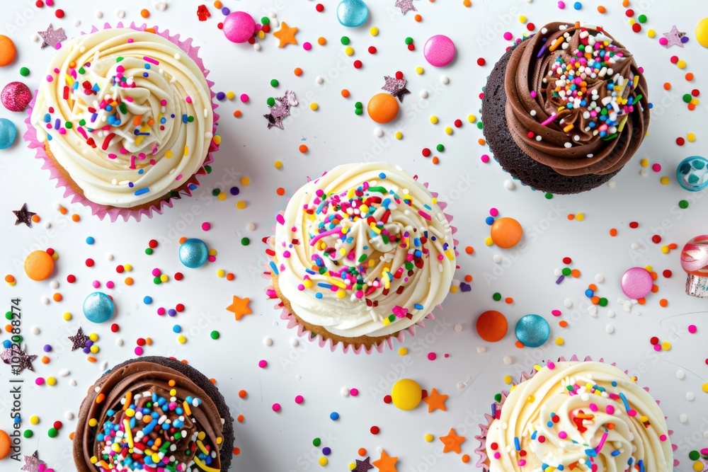 Poster a colorful image of a table topped with delicious-looking cupcakes covered in frosting and sprinkles