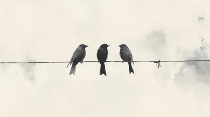 Three birds perched on a wire, illustrated in a monochromatic ink-blotted style on a white background, conveying a minimalist and tranquil scene. Minimalist. Illustration