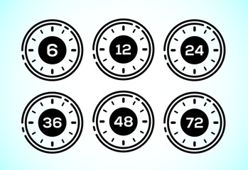 Work time icon design. 6, 12, 24, 36, 48 and 72 hours clock icons