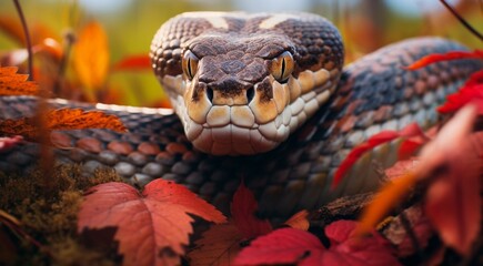 Fototapeta premium close-up of snnake, snake in wild nature, snake in the forest, close-up of wild snake, snake looking forward
