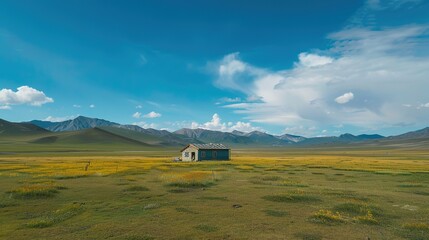 Lonely house on green grassland under blue skys