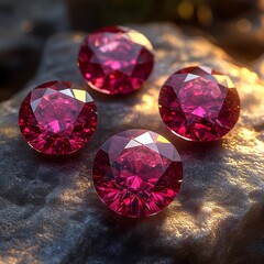 Radiant red gemstones displayed on a textured stone surface