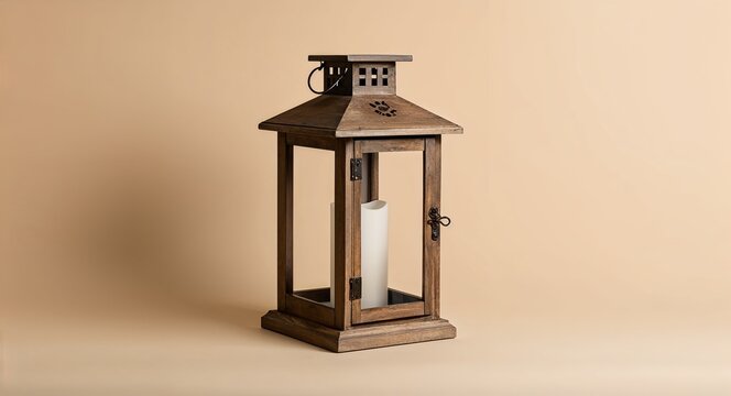 Hollowed wood lantern with rustic vibe on a plain beige background