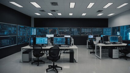 High-tech computer lab with multiple advanced workstations featuring large screens and coding data displayed, ideal for software development