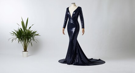 Navy sequin evening gown with long sleeves and mermaid silhouette display on plain white background