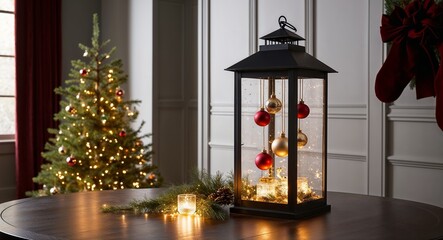 Lantern with hanging ornaments inside softly lit in a dim room with holiday sparkle