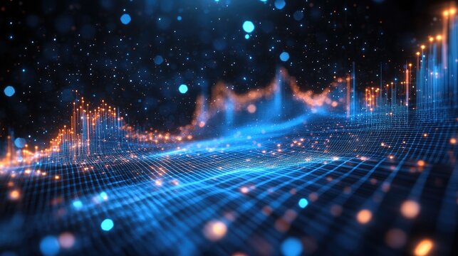 Abstract blue and orange glowing grid with particles, representing digital data or technology.