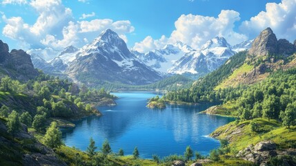 Fototapeta premium Scenic Mountain Lake Under Bright Blue Sky