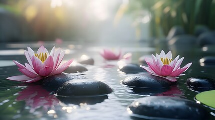 A serene zen spa scene with lotus flowers, black stones, bamboo stems, and pink water lilies on calm water, illuminated by bright sunlight and soft bokeh reflections.