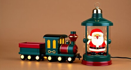 Naklejka premium Light up Christmas train lantern with Santa as conductor on plain brown background