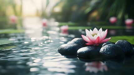 A serene zen spa scene with lotus flowers, black stones, bamboo stems, and pink water lilies on calm water, illuminated by bright sunlight and soft bokeh reflections.