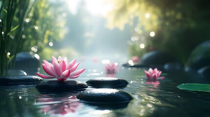 A serene zen spa scene with lotus flowers, black stones, bamboo stems, and pink water lilies on calm water, illuminated by bright sunlight and soft bokeh reflections.