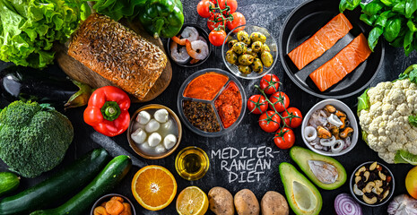 Food products representing the Mediterranean diet