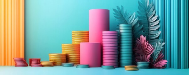A vibrant arrangement of colorful coins and cylindrical shapes against a bright background, creating a playful and modern aesthetic.