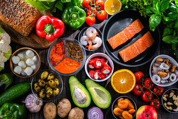 Food products representing the Mediterranean diet