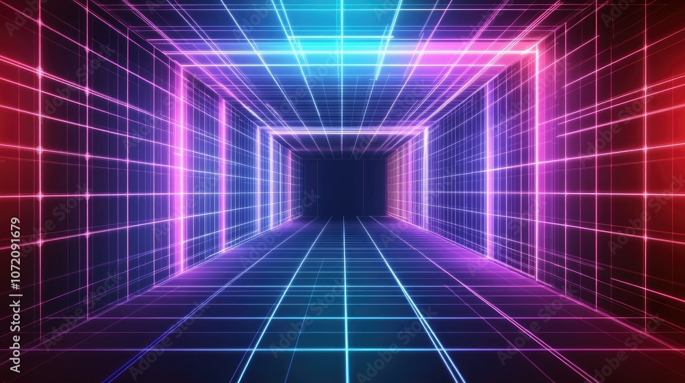 Poster neon tunnel with glowing matrix lines and depth effect