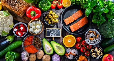 Food products representing the Mediterranean diet