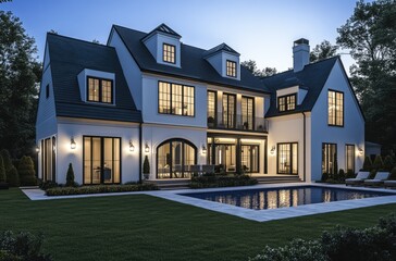 Obraz premium the front view of an elegant two-story modern house in British Columbia, Canada with large windows and white walls. The first floor has stone accents on its exterior wall