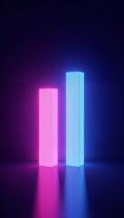 Neon glowing geometric shapes in pink and blue on dark background for modern design concepts
