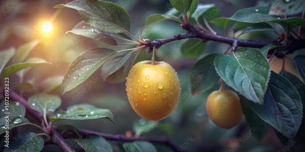 Poster a single yellow fruit covered in dew drops hangs from a branch surrounded by vibrant green leaves ba