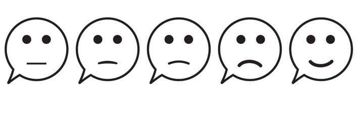 Rating emoji set for customer feedback or product experience in black and white color. Five-star rating emoji icon set. Emoji feedback scale. Rating emoji collection. Vector illustration.