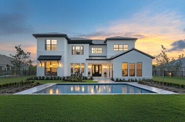Fototapeta premium Modern house with pool, lighting design and rendering, front view, warm evening light, modern white walls, black roof, terrace on the second floor overlooking the garden