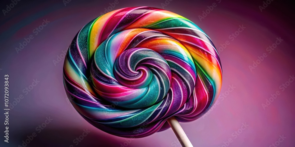 Poster a colorful swirl lollipop with a glossy finish and sparkling glitter on a vibrant purple background