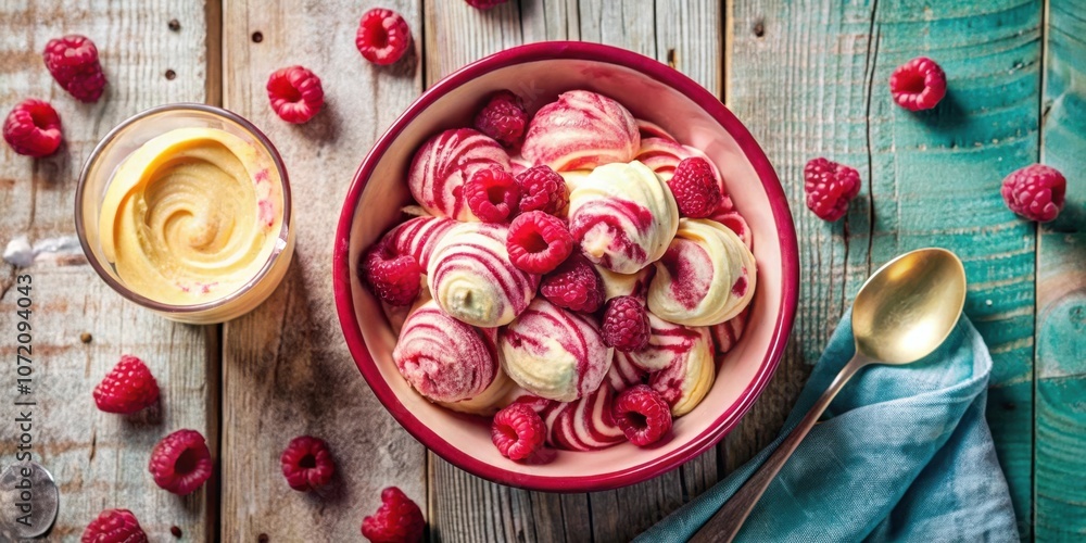 Aufkleber swirled vanilla ice cream with fresh raspberries and cream sauce in a red bowl on a rustic wooden ta
