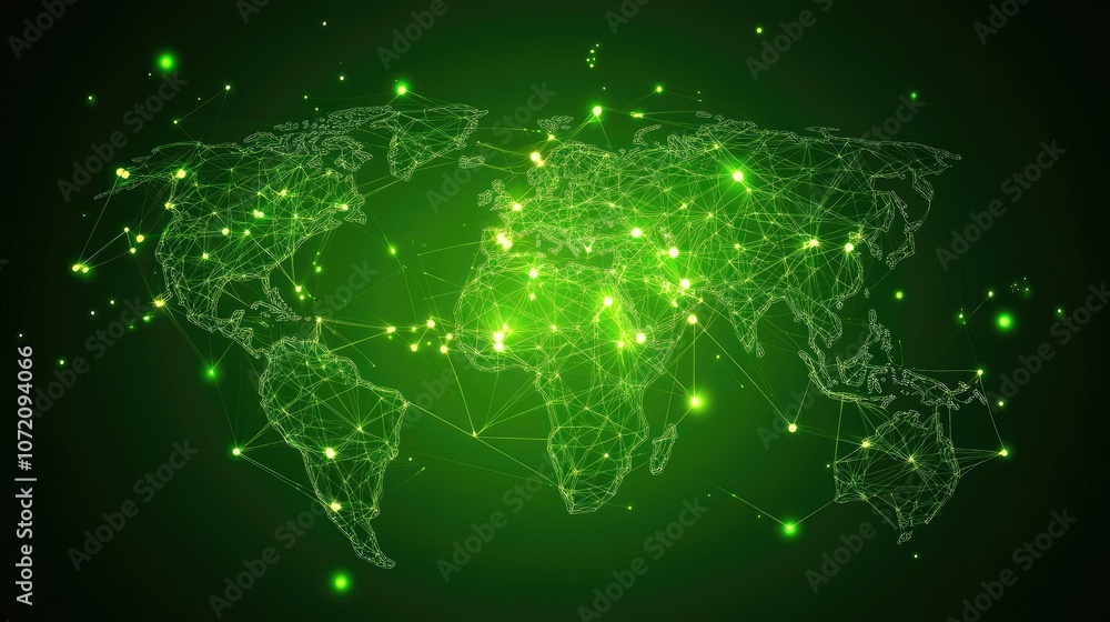 Poster global network map with green lights and connections