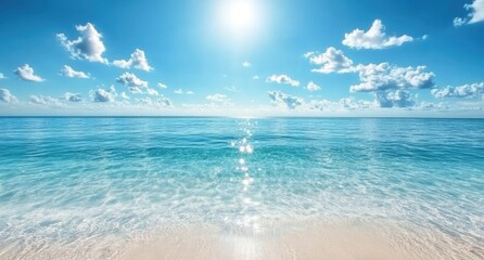 Obraz premium the clear blue sky and turquoise sea, reflecting in the crystal-clear waters of an exotic beach