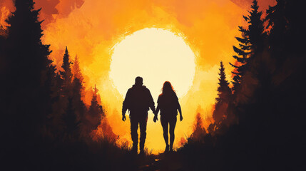 Fototapeta premium Silhouettes of a couple walking hand-in-hand towards a bright sun in a forest.