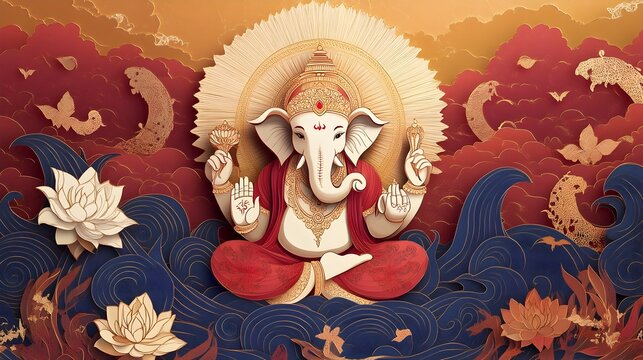 Illustrative Papercut Artwork of the Revered Lord Ganesha Participating in a Heavenly Sacred Event