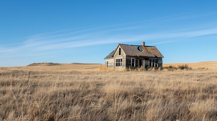 Fototapeta premium Lonely house on green grassland under blue skys