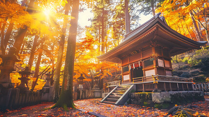 Fototapeta premium Serene Autumn Landscape Featuring Traditional Japanese Architecture Surrounded by Colorful Fall Foliage and Sunlight Filtering Through Tall Trees