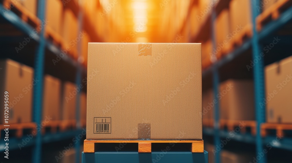 Poster a single cardboard box on a pallet in a warehouse aisle surrounded by many boxes with soft glowing l