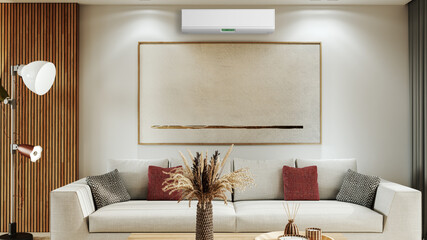 large luxury modern bright interiors room with air conditioning mockup illustration 3D rendering
