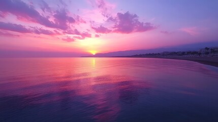 A vibrant pink and purple sunset over a calm sea with a distant coastline.